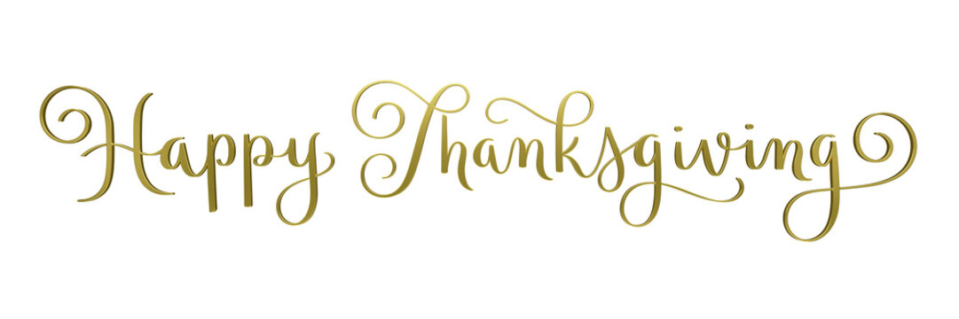 3D render of wide HAPPY THANKSGIVING metallic gold brush calligraphy banner on transparent background