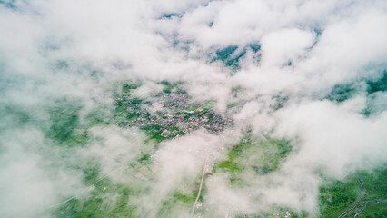 an aerial photo of a small town and its surrounding countryside