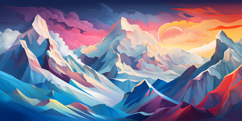Geometric, polygonal-style illustration of a mountain range at sunrise with a bright sun and vibrant sky.