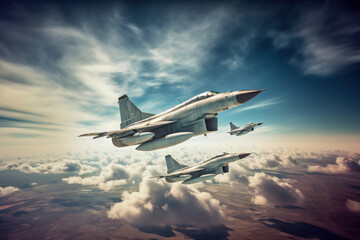 Fighter Jets In Cloudy Sky Formation - obrazy, fototapety, plakaty