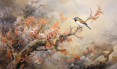 Elegant Spring Birds and Blossoming Branches. Traditional Chinese Ink painting, Asian Watercolor. Can be used in murals and wallpapers.