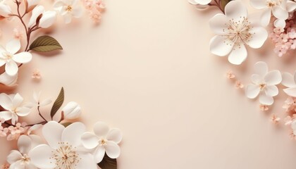 Natural beige background with flower. Front view, Copy space for text.