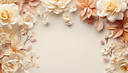 Natural beige background with flower. Front view, Copy space for text.