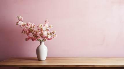 Wooden table with bouquet of flowers in vase on pink background, copy space - obrazy, fototapety, plakaty