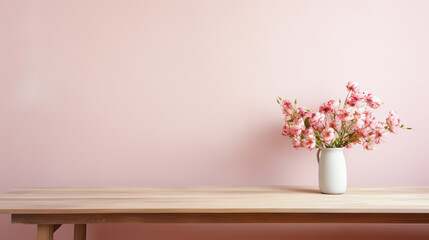 Wooden table with bouquet of flowers in vase on pink background, copy space
