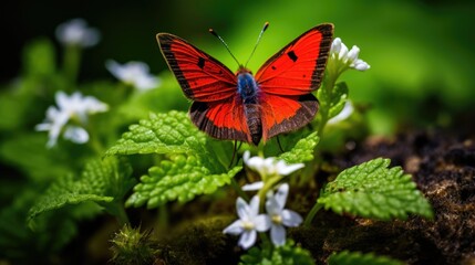 Fototapeta premium bright red butterflies on green grass. colorful summer background