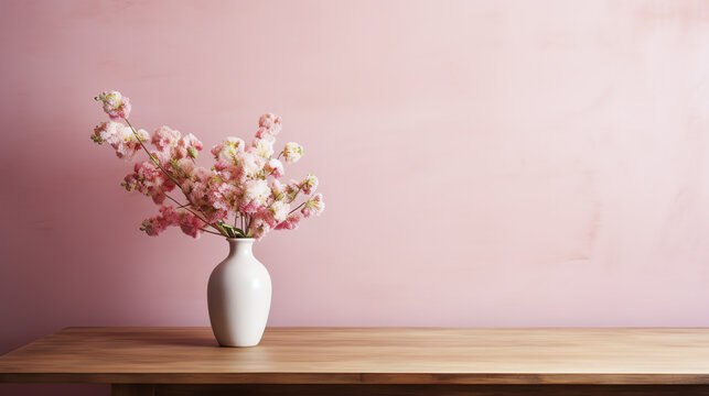 Fototapeta Wooden table with bouquet of flowers in vase on pink background, copy space