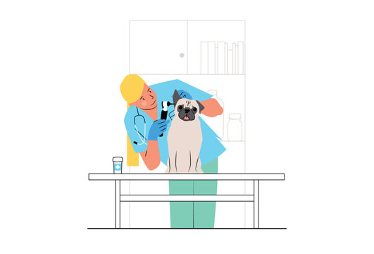 Veterinarian Checking Dog's Ears with Otoscope or Auriscope on Table in Veterinary Hospital Care Facility Check-Up
