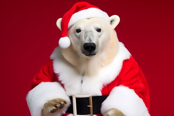 Portrait of a Polar Bear Dressed in a Red Santa Claus Costume in Studio with Colorful Background