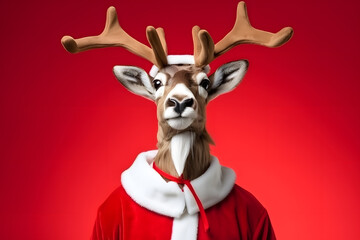 Portrait of a ANIMAL Dressed in a Red Santa Claus Costume in Studio with Colorful Background