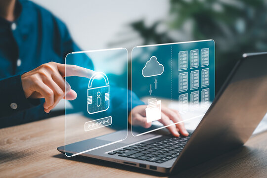 Cybersecurity of document storage system concept, Businesswomen private data security encryption on laptops and management data on a cloud computing system, Secure document storage internet network