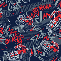 Abstract seamless grunge pattern for boy. Urban style modern background with Monster Truck car, trace of tire. Drive and speed modern creative wallpaper for guys. Extreme style © Kseniia Koval