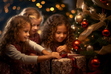 Obraz na płótnie Canvas Christmas Magic: Children Unwrap Presents by the Twinkling Lights of a Festive Tree
