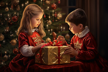 Obraz na płótnie Canvas Christmas Magic: Children Unwrap Presents by the Twinkling Lights of a Festive Tree