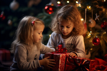 Fototapeta na wymiar Christmas Magic: Children Unwrap Presents by the Twinkling Lights of a Festive Tree