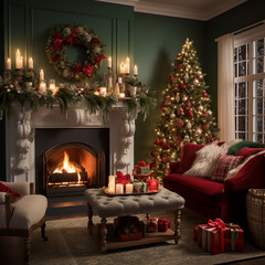 Warmth and Celebration: Christmas Fireplace and Decorated Tree in Cozy Living Space