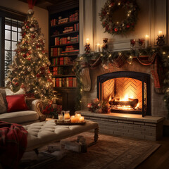 Festive Christmas Scene: Cozy Living Room, Decorated Tree, and Warm Fireplace
