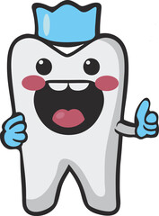 happy tooth in gloves and a crown cap . flat cute style illustration