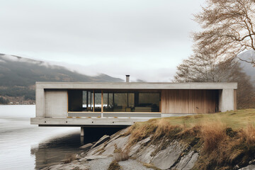 Exterior front view of modern cubic design house in Scandinavian style
