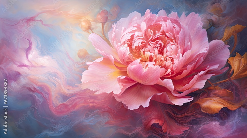 Canvas Prints  a painting of a large pink flower on a blue, pink, and purple background with a yellow center in the center.  generative ai