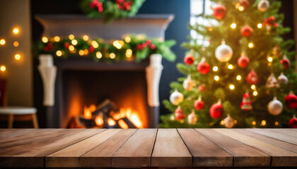 Wood surface with christmas tree and fireplace background with copy space