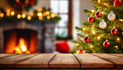 Wood surface with christmas tree and fireplace background with copy space