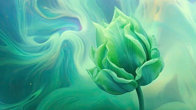  a painting of a green flower in front of a blue and green swirly background with swirls and bubbles.  generative ai
