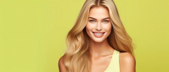 Beautiful elegant european blond-haired smiling young woman with perfect skin and long blond hair, on a lime background, close-up