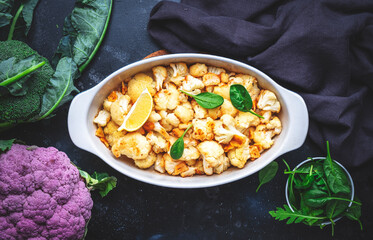 Baked cauliflower in garlic lemon dressing with olive oil in baking dish, dark background, top view