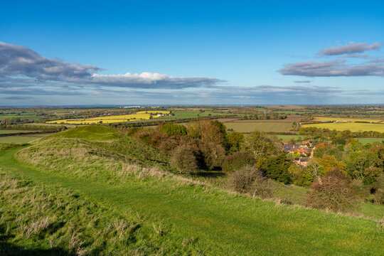 Vista from Burton Dassett Hills on a bright autumnal day with far reaching views over Warwickshire, England