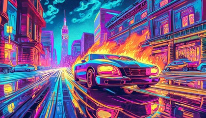 Cyberpunkowy płonący samochód na tle miasta