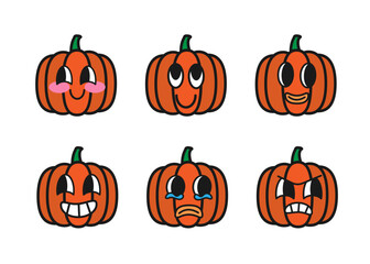 Set of orange pumpkin cartoon with many expressions. Retro design vector illustration of pumpkin on white background. Mascot faces