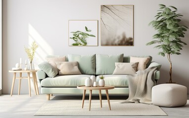 Stylish scandinavian living room interior with design
