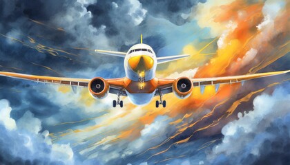 Samolot w chmurach w burzystej pogodzie - obrazy, fototapety, plakaty
