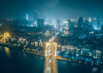 Aerial view of Hongguang Bridge and urban central area in Liuzhou, Guangxi, China, Asia