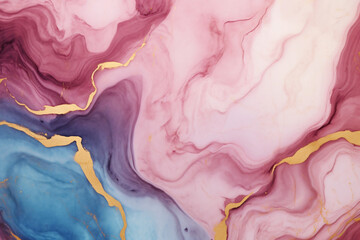 Abstract background of acrylic paint in pink, blue and gold colors. Multicolored liquid marble texture.