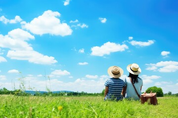 Naklejka na ściany i meble On a day when the weather is bright, there is happiness in the green fields. Couple sitting on a picnic, wallpaper background
