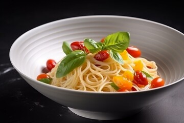 Noodles served with small tomatoes and aromatic basil leaves. Generative AI