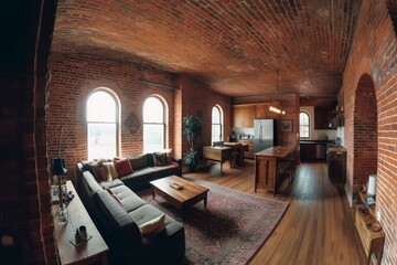 Vintage brick loft apartment panoramic view. Generative AI