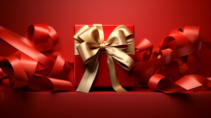  Gift box of golden ribbon on red background. Boxing day. Close-up.