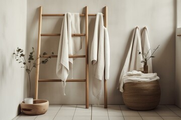 Minimal and aesthetic interior design: towels hanging on a ladder. Generative AI