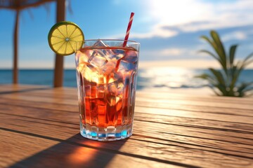 Holiday beach party with cocktails, product images, sunlight, beach