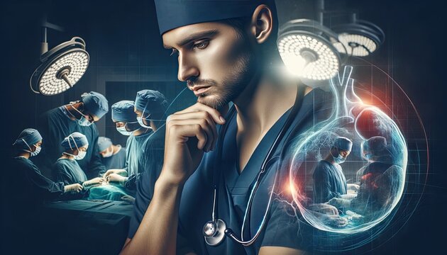 Contemplative Surgeon with Heart Illustration