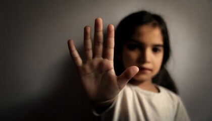 Human Rights Day Concept: Little girl with her hand extended signaling to stop useful to campaign against violence, gender or racial, discrimination - obrazy, fototapety, plakaty