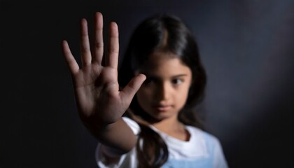 Human Rights Day Concept: Little girl with her hand extended signaling to stop useful to campaign against violence, gender or racial, discrimination - obrazy, fototapety, plakaty