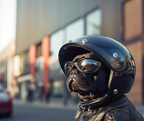 french bulldog in a motorcycle helmet in the city