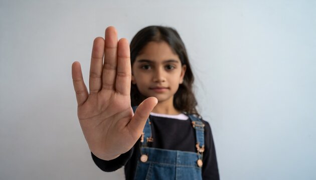 Human Rights Day Concept: Little girl with her hand extended signaling to stop useful to campaign against violence, gender or racial, discrimination