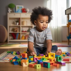 Cute black child playing with educational blocks