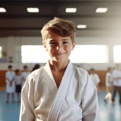 Foto auf Alu-Dibond Caucasian little toddler ready for his taekwondo class at the martial arts school © Danko