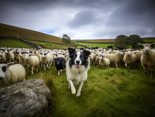 Dedicated and Hardworking Border Collie Proudly Stands in Front of Herd of sheep